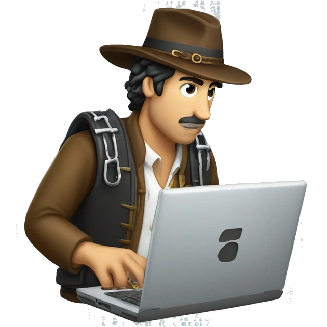 argentinian gaucho hacking computer code with a laptop inside curly brackets emoji