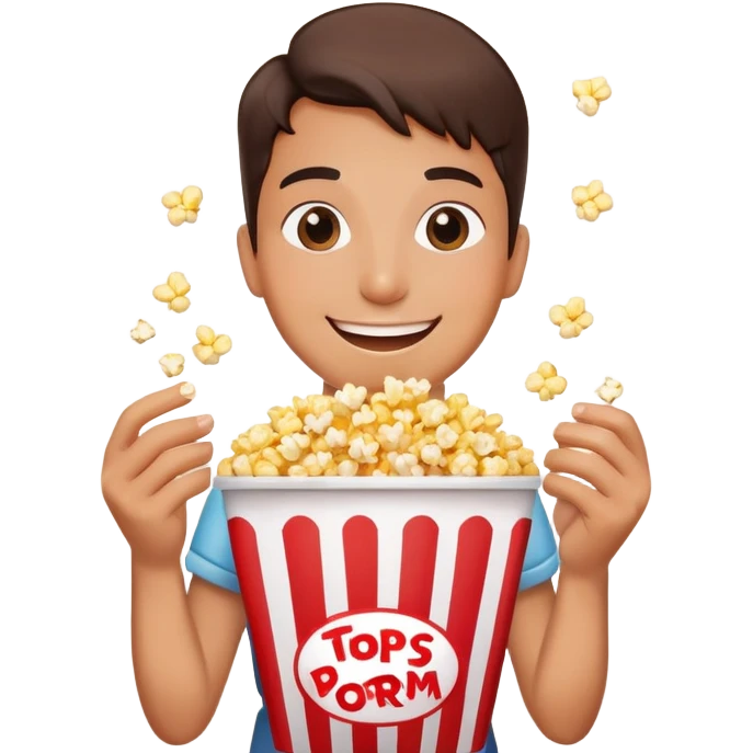 Person watching a movie with a happy face, holding popcorn bucket, cinema lights reflected on face emoji