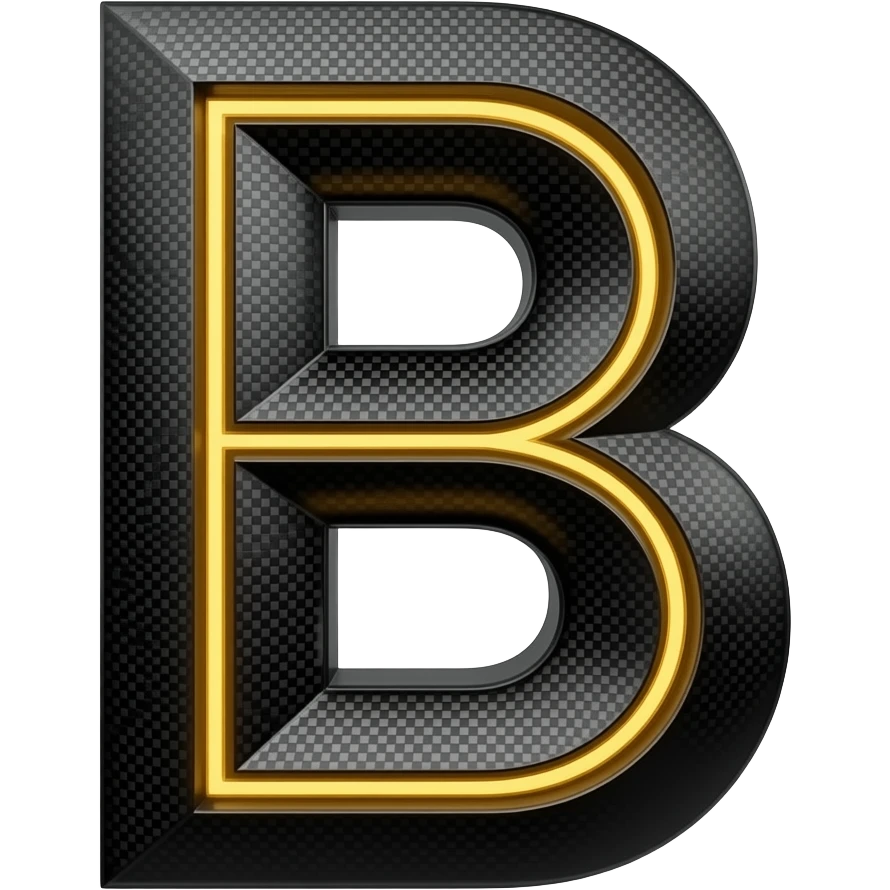 A heavy, angular 3D letter 'B' crafted from matte-black forged carbon fiber with glowing veins of molten gold. Sharp, precision-cut edges, automotive-grade finish, luxury sports car aesthetic, dark moody lighting emoji