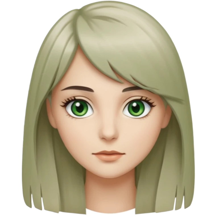 женщина с зелёными глазами, красивыми бровями, серо-бежевыми длинными волосами, с асимметричным пробором, прямой чёлкой, подстриженной каскадом emoji