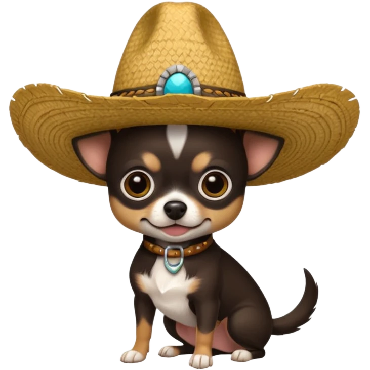 Chihuahua negro con cafe con sombrero de paja emoji