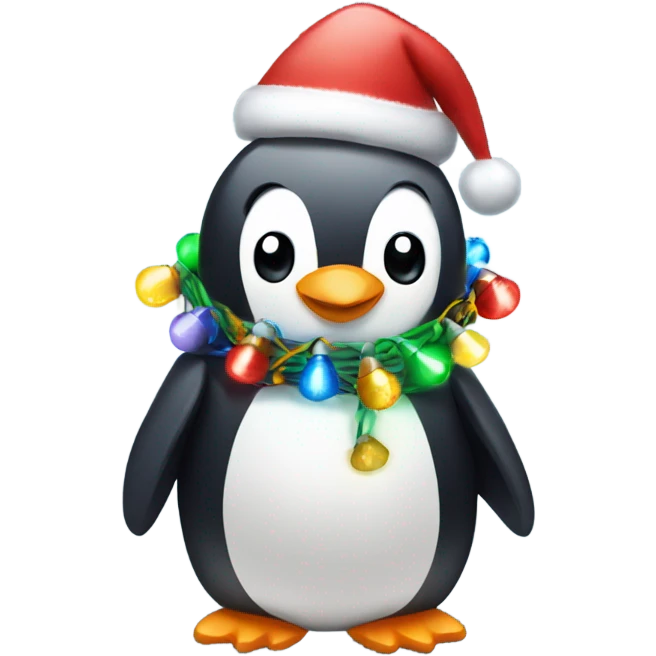 Penguin wrapped in Christmas lights emoji