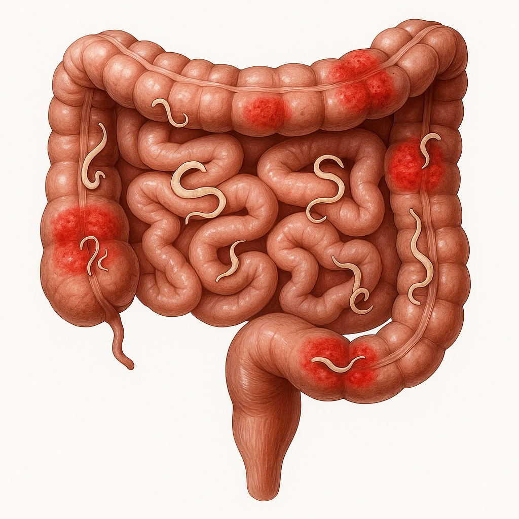 realistic image of human intestine, infographic style, presence of stylized parasites and reddened inflamed zones, anatomical details, white background emoji