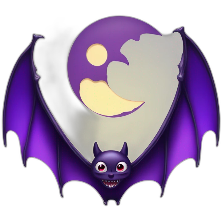 purple and black evil face vampire bat cartoon sparkle eyes wings flying in front of large dripping crescent moon emoji