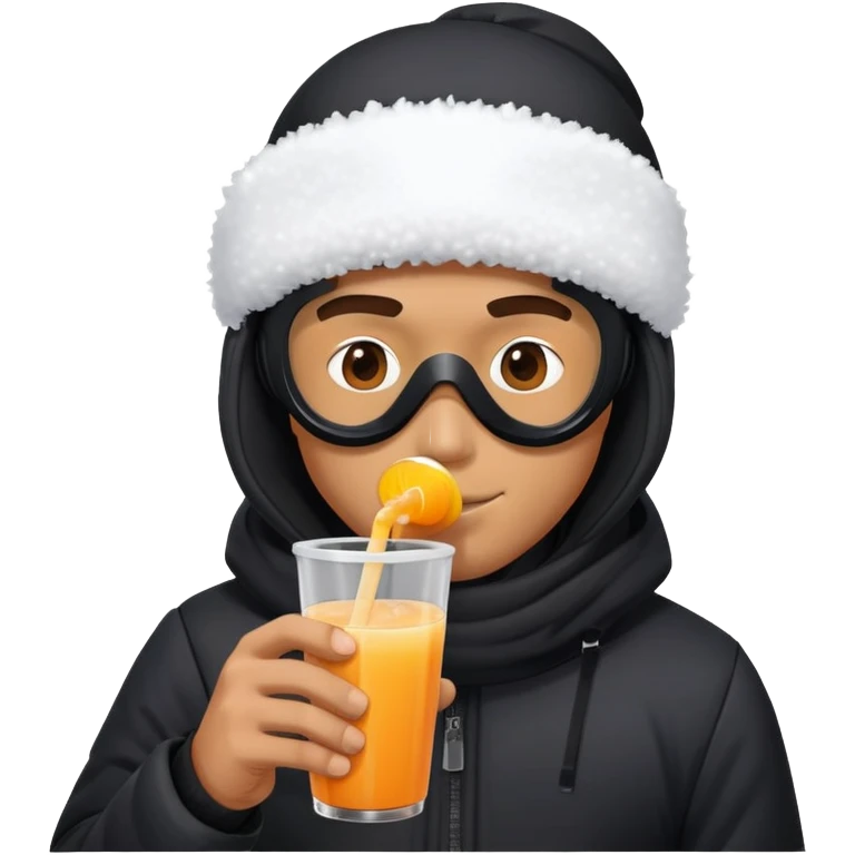 A man in a black jacket and a snow mask drinks juice emoji