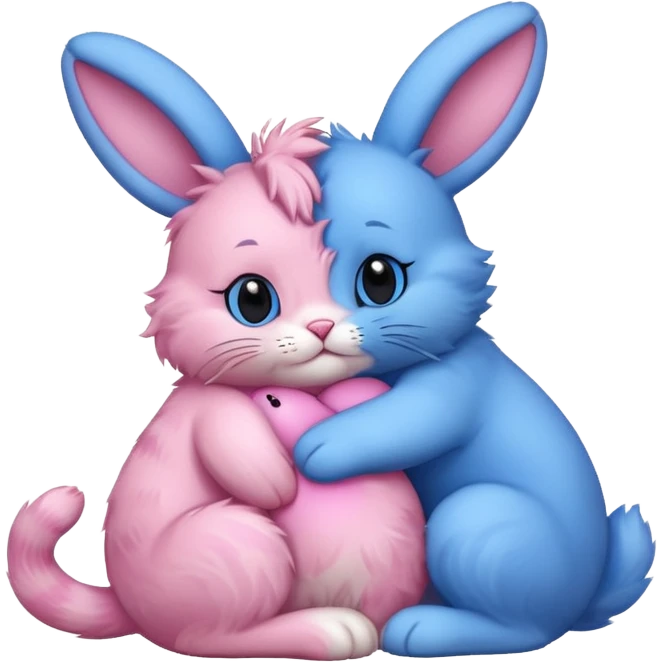 pink cat hugging blue bunny emoji