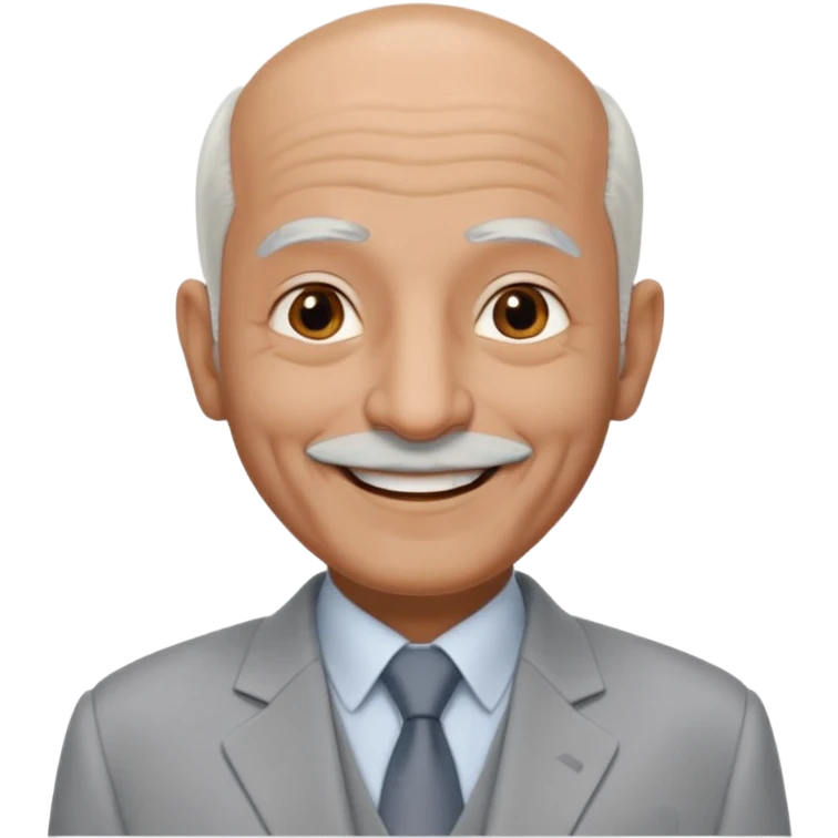 70 yr old man, almost bald, some white hair, pakistani, light grey business suit, big smile, darker skin, no moustache
 emoji