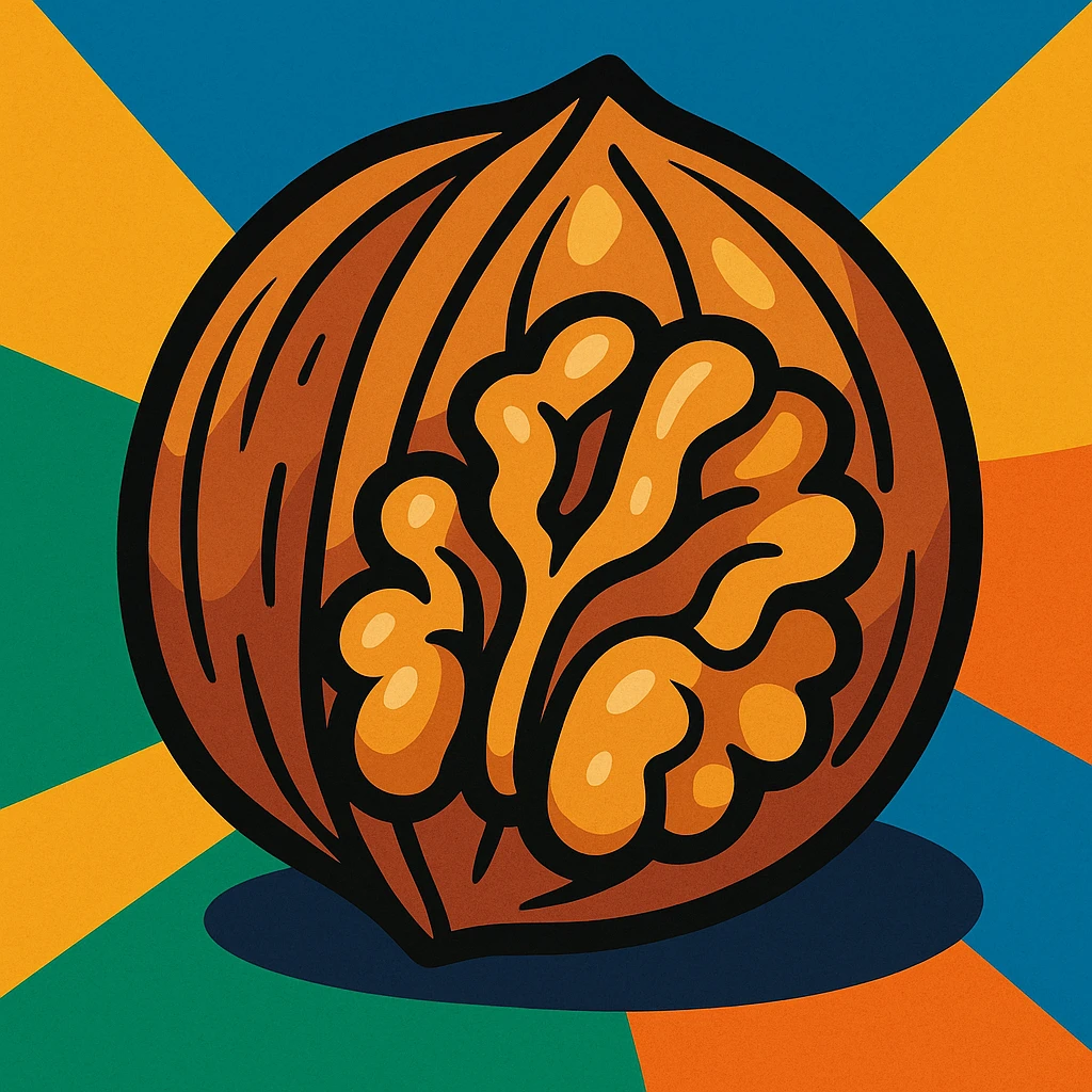 a stylized walnut, bold lines, cartoon style emoji
