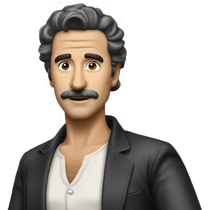 Create an emoji representing Zeki MÜREN, the legendary Turkish singer and artist. Incorporate elements like his iconic hairstyle, stylish clothing, a microphoe, and a stage background. His expressive eyes, glamorous appearance, and a warm emoji