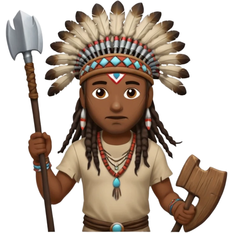 Black American man dark brown with dreads with a American Indian headdress throwing a axe emoji