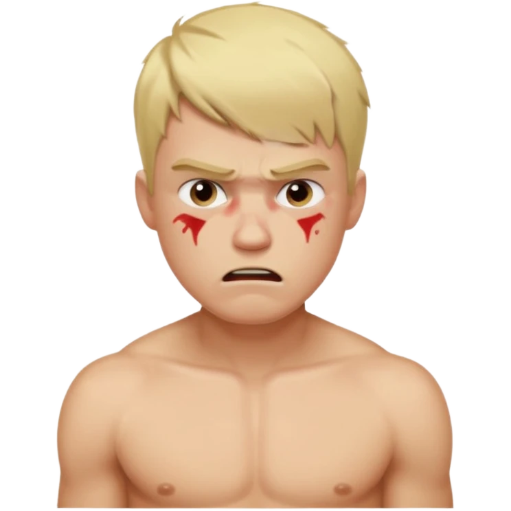 a blond guy with a short haircut, a tired and angry face, no shirt, with bruises under his eyes, and signs of beatings on his body emoji