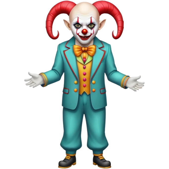 demonic clown wearing a leisure suit, bald with ram horns emoji
