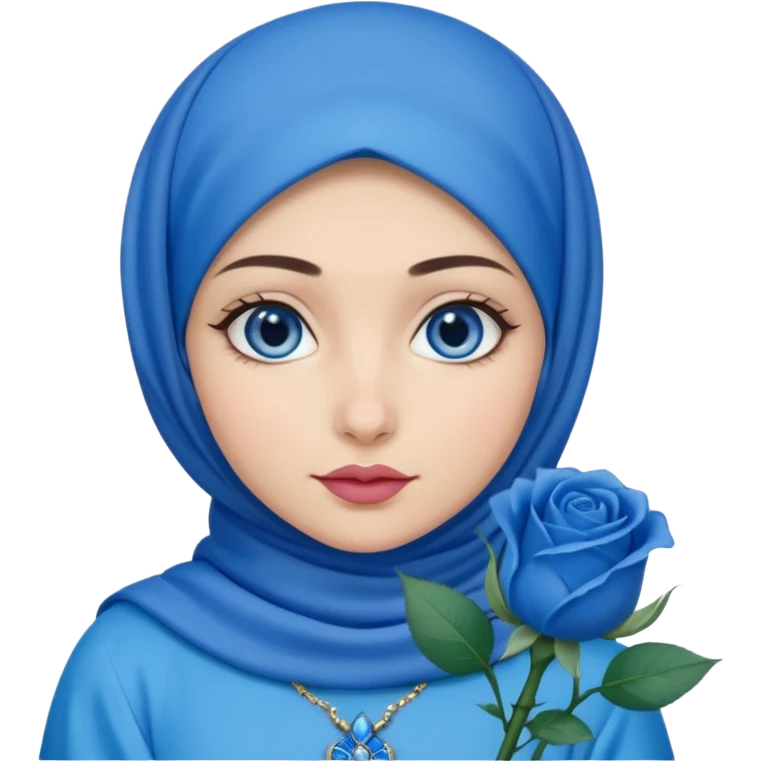 Turkish beautiful finish Konya girl blue eyes with blue hijab islamic dress and had on her hand blue rose design lipstick emoji