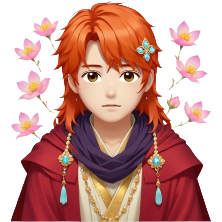 Beautiful gorgeous blushing Korean-Japanese-youthful-elegant-anime guy with beautiful fiery-special-medium-long-hair, fashion aesthetic, ethereal, fairycore, pastelcore, flower petals, crystals, layered robes, toga, cloak scarf, accessories, jewelries, gold, colorful, shiny, trending style, outside emoji