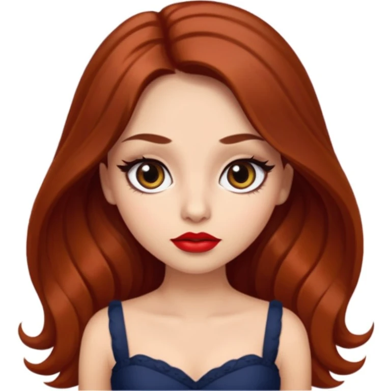 Sexy busty Latina with round face and large eyes and auburn long hair lashes lipstick and a tiny waist emoji