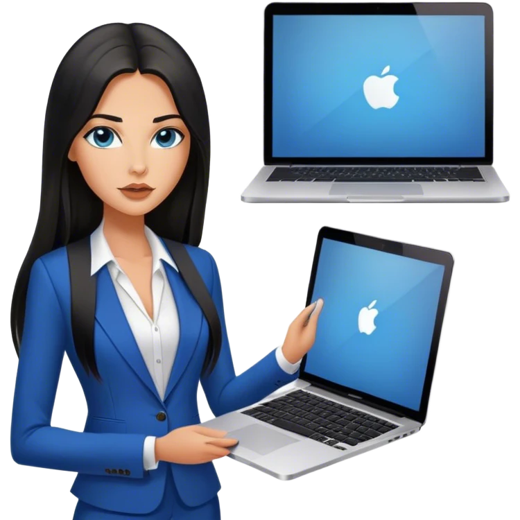 Model glamours tanned beautiful girl with pump nude lips and black straight long hair, straight hair parting, blue eyes with MacBook and V-neck suit vest,  - only one person emoji