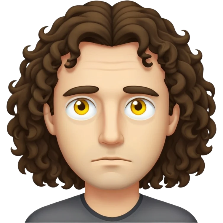 A man with sleppy eyes that are yellow with long to the neck curly brunnete hair who is a lil bit angry emoji