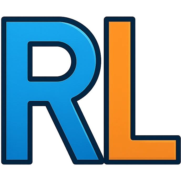 minimalist 'RL' logo with bold geometric sans-serif letters, clean sharp lines, metallic or gradient effect, transparent plain background, modern innovative strong, suitable for tech brand emoji
