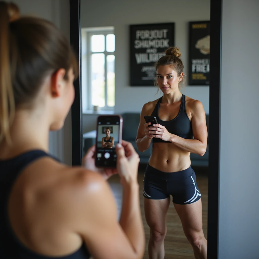 sporty woman in shorts and top, relaxed front pose in front of mirror, doing video check with smartphone for coach, room with motivational posters, natural light, hyperrealistic details, 4K emoji