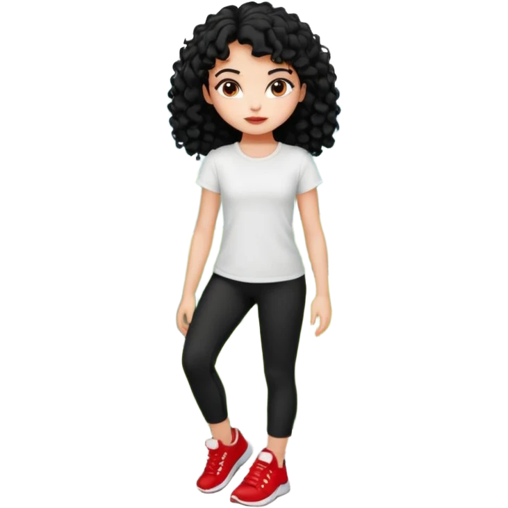 generate a pretty bratz fair skinned girl with curly black hair wearing a white tshirt trekking on a hill with red sneakers on and black leggings. Show HILLS emoji