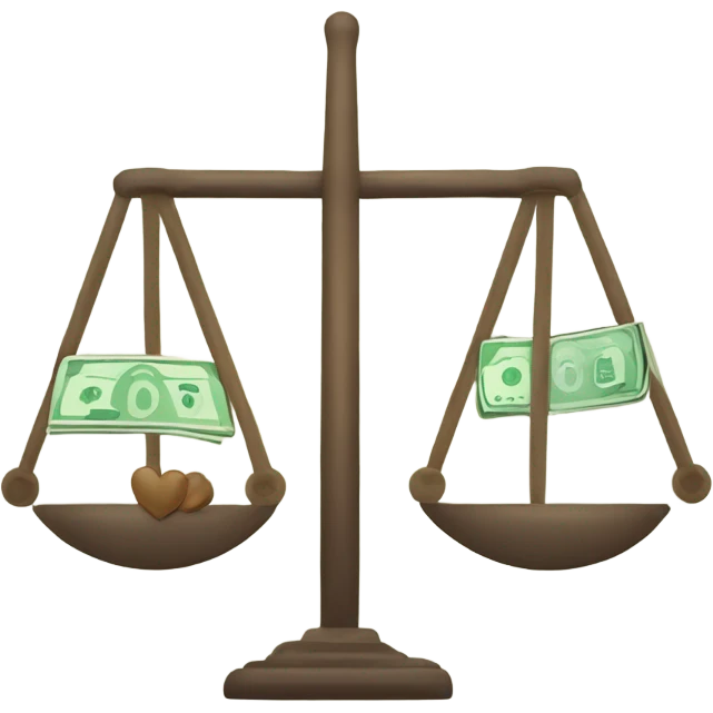 A balance icon with money on one side and a heart on the other side. This visual represents the balance between work and personal life. emoji