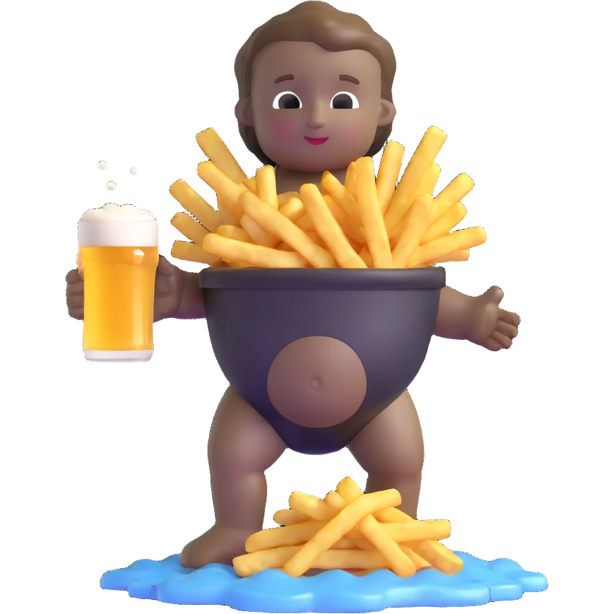 Funny Manneken Pis statue, beer splashing slightly, fries overflowing emoji