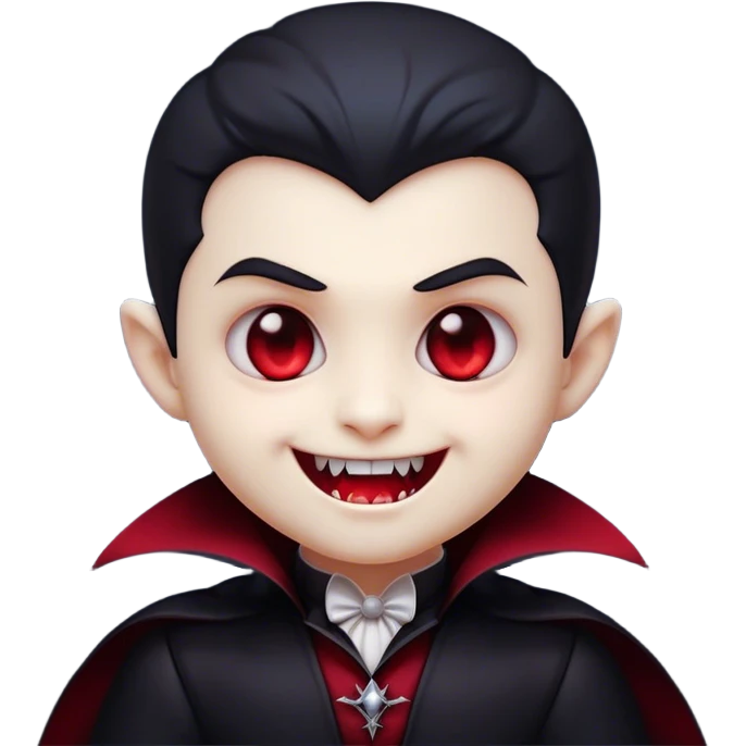 Cinematic Cute Vampire Portrait Emoji, with a refined yet playful small, rounded pale face accented by tiny, cute fangs and bright, twinkling eyes, sporting miniature elegant dark attire with a hint of crimson, simplified yet irresistibly charming, highly detailed with a soft glowing outline that captures the delightful duality of spooky sweetness and stylish allure! emoji