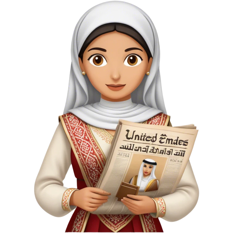 a woman dressed in a traditional embroidered outfit, elegantly holding a historical Arabic newspaper. The newspaper headline announces the formation of the United Arab Emirates, adding a sense of cultural and historical significance.  emoji