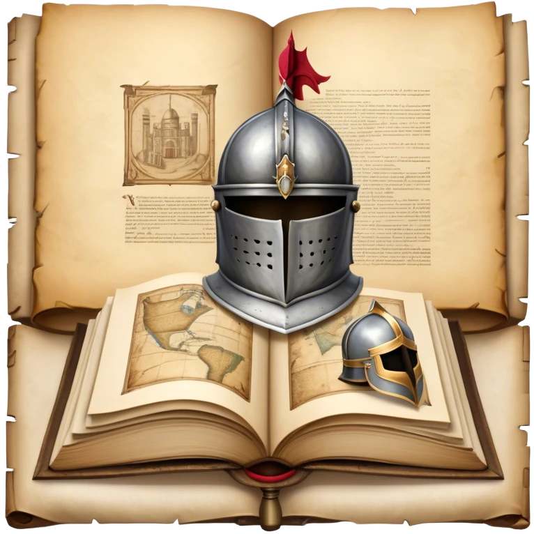 Icon for Historical Fiction Reading: an open book with pages showing ancient scrolls, a quill, a large knight's helmet, bowl and a parchment map. The icon should evoke the adventure and grandeur of historical settings and storytelling. Transparent background. emoji