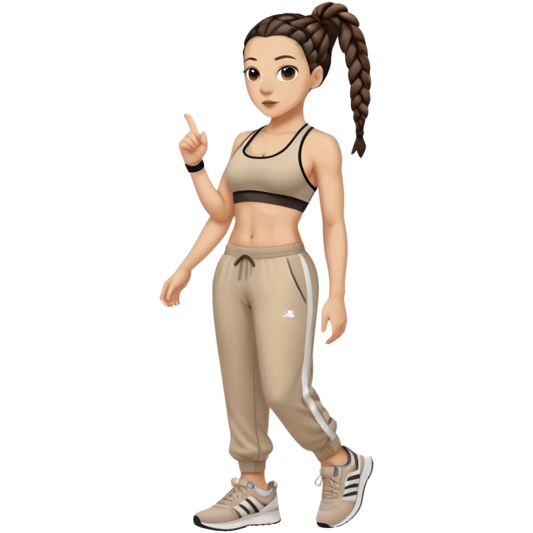 Melanie chisholm with two dark brown french braids, wearing a sports bra and track pants with sneakers emoji