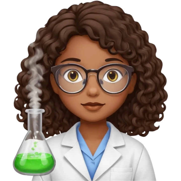 bratz doll with long loose curly dark brown hair, glasses that are round cat eye vibes, in a lab coat mixing beakers that glow shes a 4th grade girl emoji