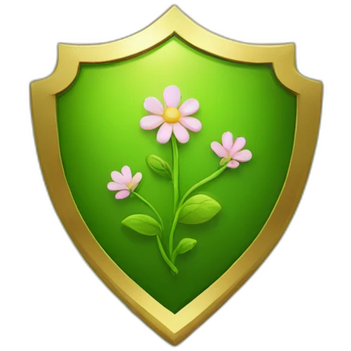 green shield with a gold border and a sprouting flower at the centre emoji