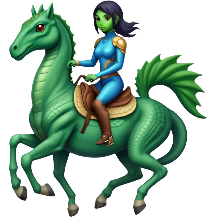 a Reptilian alien woman, full body, riding a horse emoji