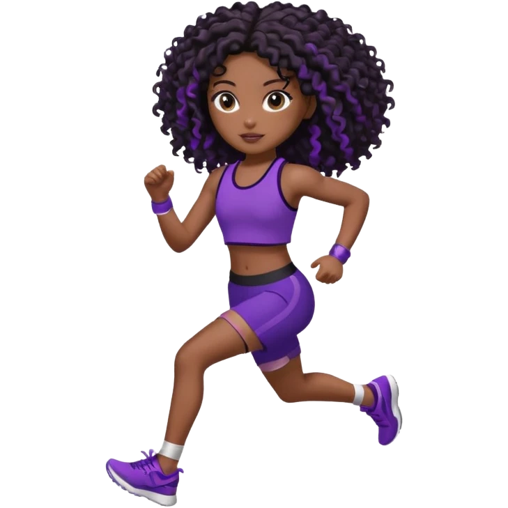 Uma boneca morena escura com olhos castanhos e cabelo cacheado longo preto até o peito, treinando correndo a roupa top curto, roxo com detalhes preto e short roxo com detalhes preto emoji