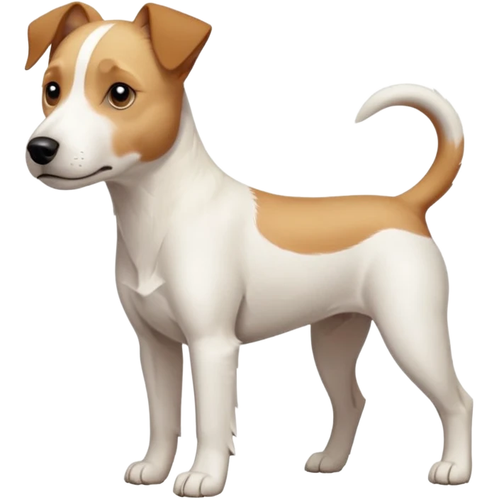 a full body facing front on of a buff white parson russell terrier looking dog the size of a kelpie with light brown long ears resting on its face and a light brown patch above one eye and a large snout. the rest of the dog is completely white.  emoji