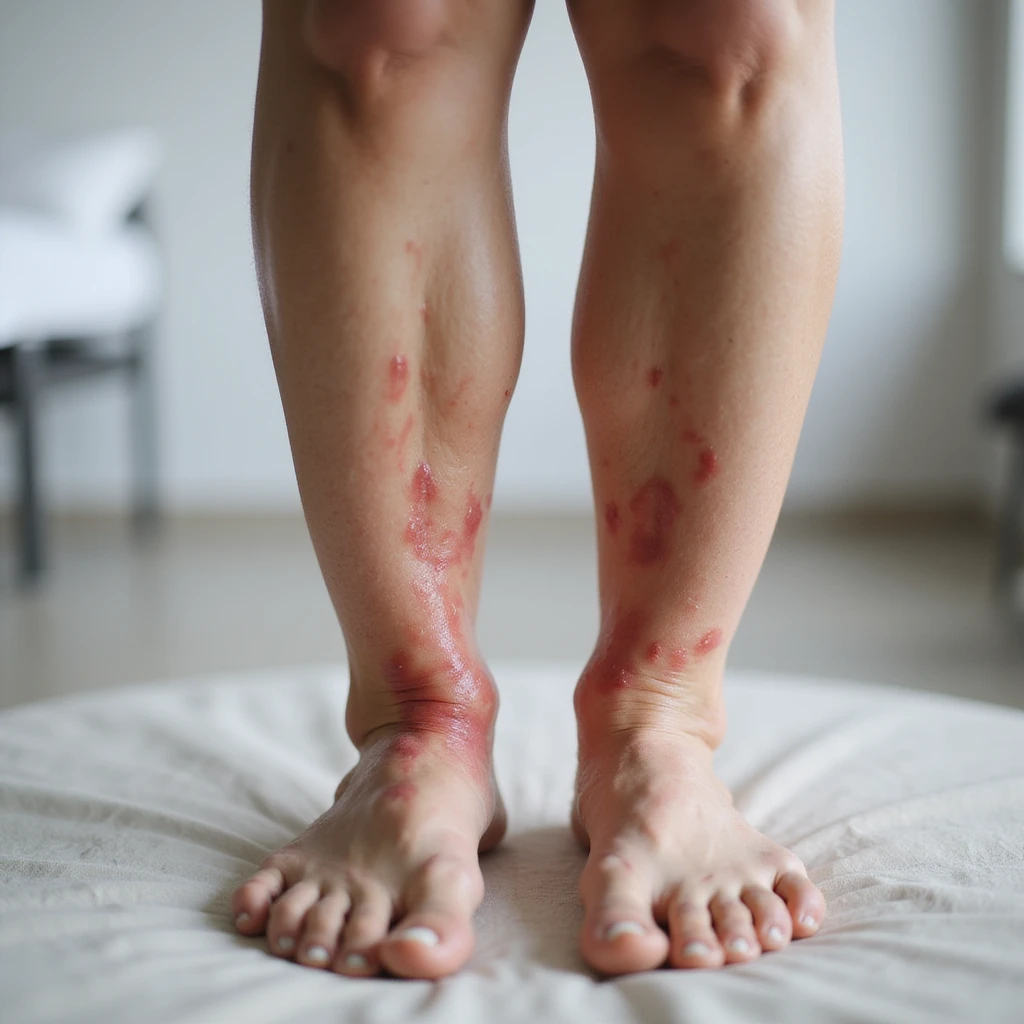 hyperrealistic representation of human legs with reduced inflammation: skin looks healthy with only slight red or mildly swollen areas, realistic 4K details, natural lighting, neutral clinical environment, scene conveys improvement and relief emoji