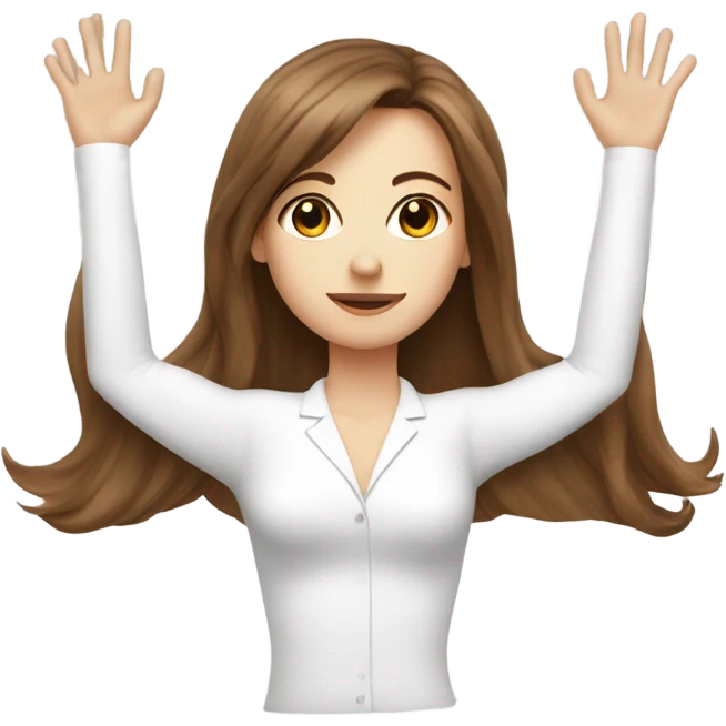 White girl with long brown hair and bangs doing Pilates in a white suit emoji