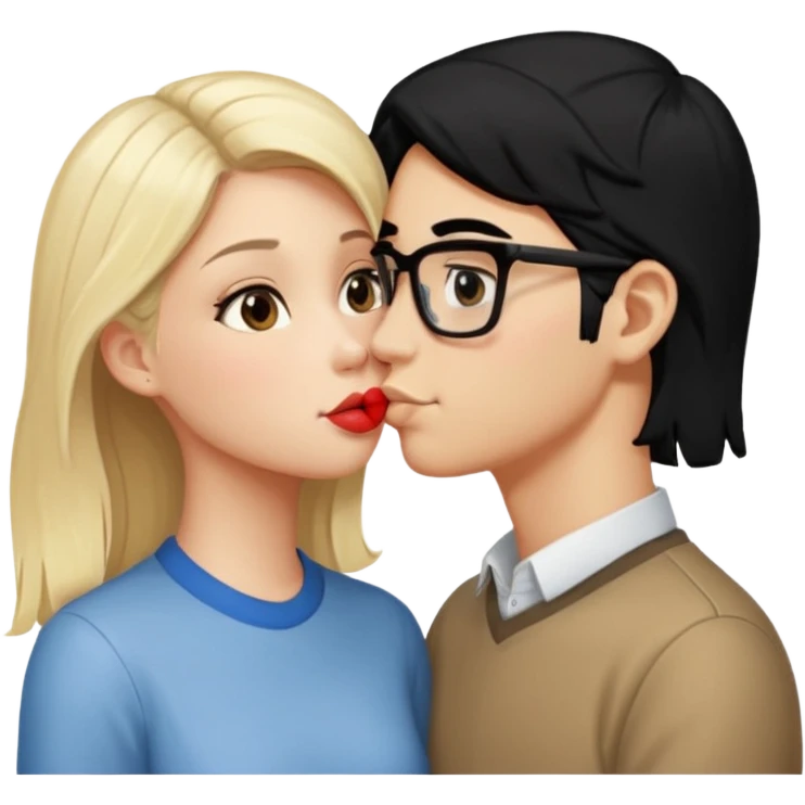 pretty light blonde girl barbie kissing nerd with black hair and tan skin on the cheek emoji