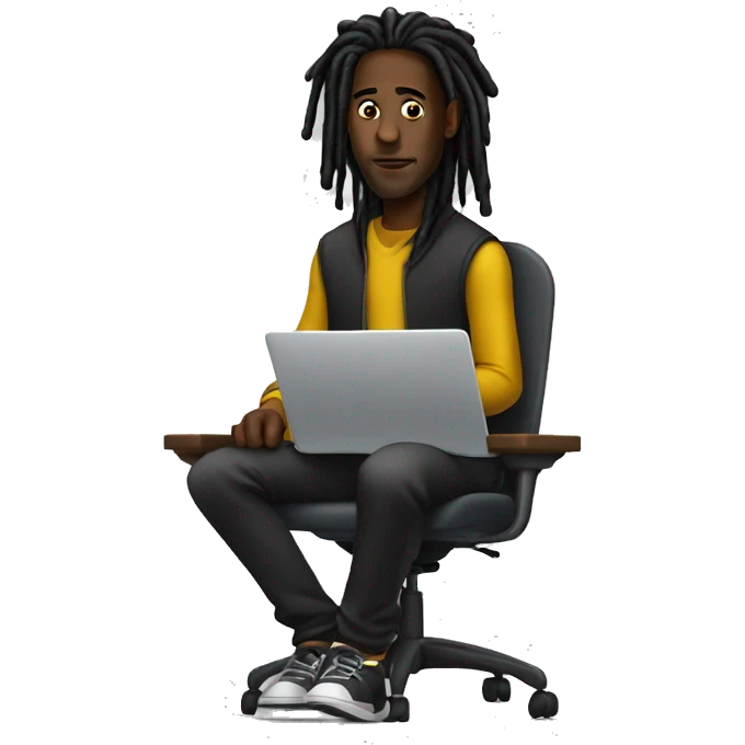 Black-guy-with-dreads-wearing-black-trackstuit-sitting-down-on-chair facing-foward-focused-on-laptop-computer- emoji