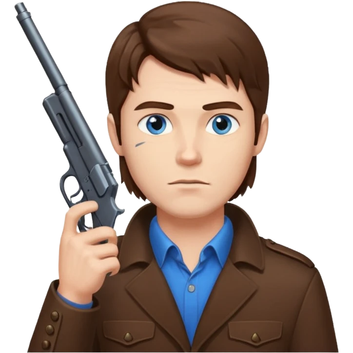 guy w medium long brown hair and blue eyes with gun pointed up at his chin emoji