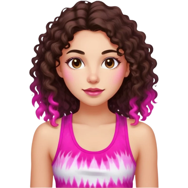 Young adult woman with luminous fair skin, long dark brown curly hair, large almond dark brown eyes, thick lips, wearing bright pink tie-dye tank top, warm friendly expression emoji