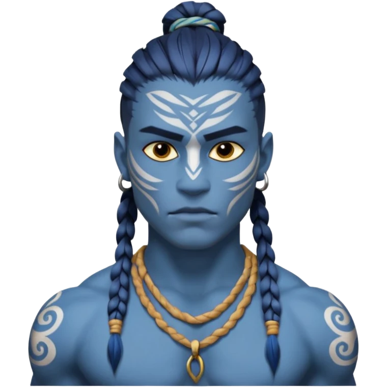 Design a Na’vi male with blue skin, tribal markings, braided hair, sharp eyes & a warrior look. emoji