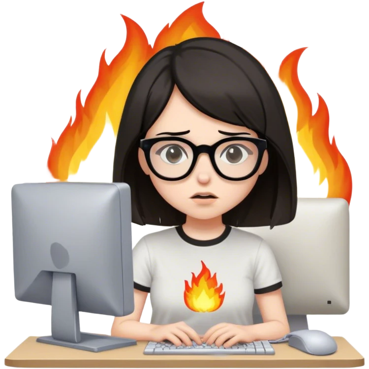 girl with black brown bob hair wearing glasses is having a brain fog while working on her old computer wearing a nirvana tshirt with fires on her head emoji