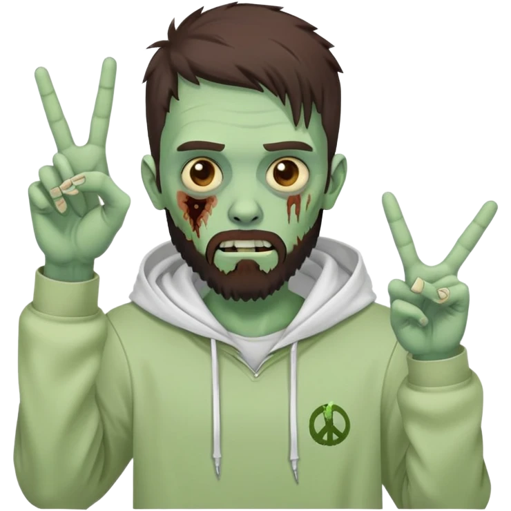 zombie making peace sign, undercut hairstyle with dark brown hair, short full beard, wearing plain white hoodie emoji