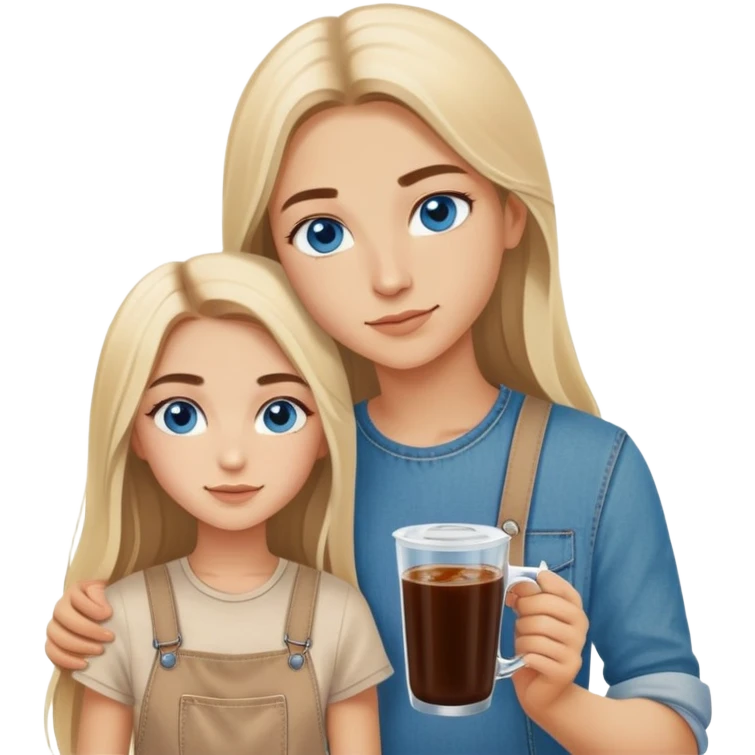 Turkish beautiful finish Konya girl long blonde hair and blue eyes with beige denim dress and with her brother had on the hand Rose Cold brew coffee   emoji