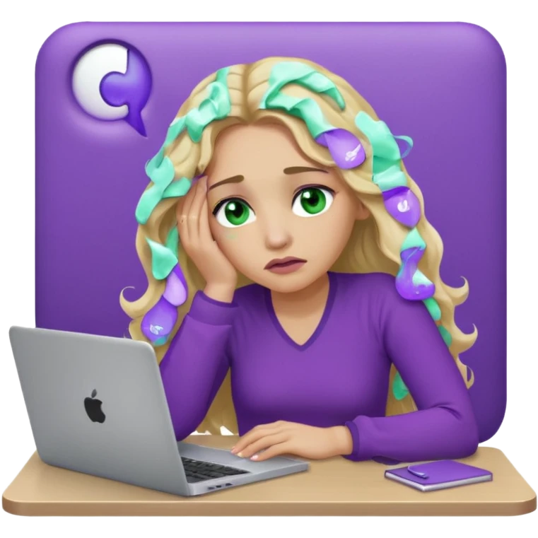 lady with long wavy blonde hair, purple top, green eyes, elbow on desk with hand on face, with a purple mac laptop tears rolling down her face as shes sick. emoji