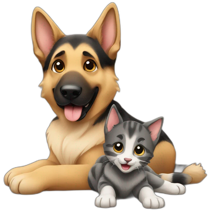 German Shepherd playing with a baby cat emoji