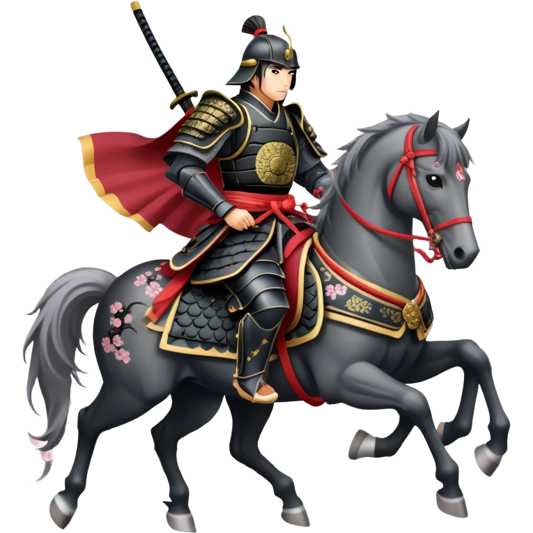 clash-of-clans-aesthetic_-cinematic-fearsome-and-majestic-samurai-bust-portrait-emoji, rendered in a flat, vector-style with minimal shading and bold, simplified shapes typical of emoji art, depicting a battle-hardened samurai with steely eyes and traditional black Japanese armor. The samurai is riding a noble grey warhorse adorned with an intricately designed saddle and fluttering banners, against a backdrop of cherry blossoms and a rising sun. a samurai on a   horse emoji