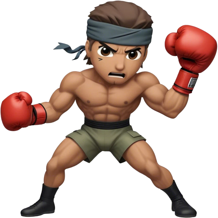 Twitch Emote for Riozacki-Shinkawa Channel

    Character: Solid Snake
    Reference: "Infinite Punch" (a looping combo of two punches) with a funny expression
    Size: Standard Twitch emote sizes (28x28, 56x56, 112x112)

The emote should depict Solid Snake with an exaggerated, oversized head, giving him a caricatured look. The animation should clearly show the "Infinite Punch" move, as if he were rapidly and repeatedly punching a boxing bag with high speed and determination. His expression should be amusing and intense, emphasizing the action. emoji