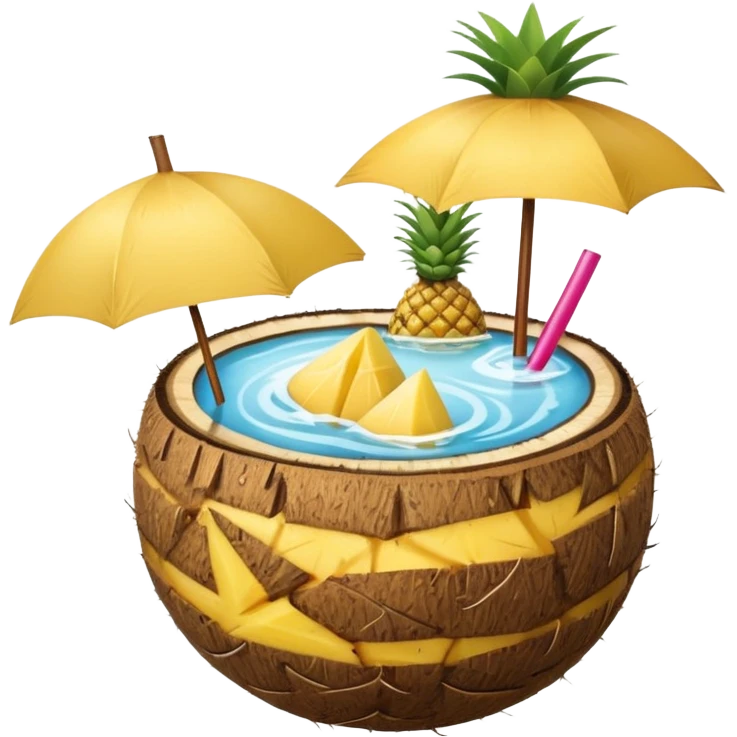A tropical cocktail served in a coconut shell with a mini umbrella and pineapple.
 emoji